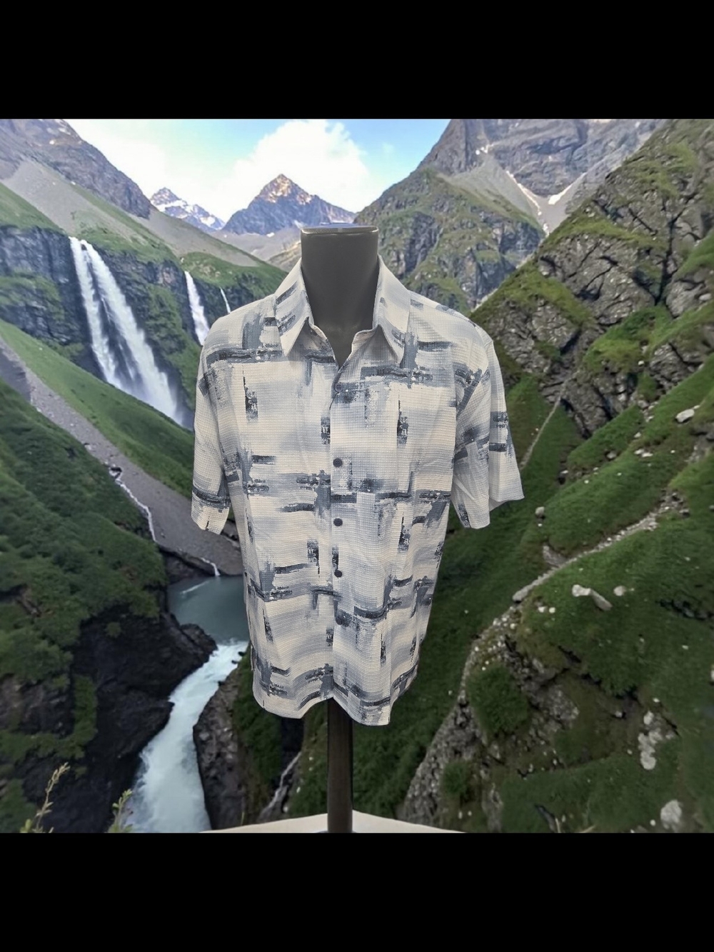 PRONTI MENS NAVY, MED. BLUE, WHITE SHORT SLEEVE GEOMETRIC PRINT SHIRT. S1919-3